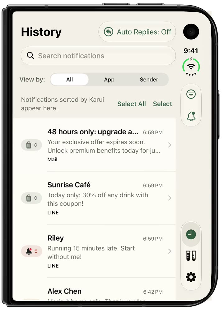 Karui’s History, with notifications sorted as they arrived.