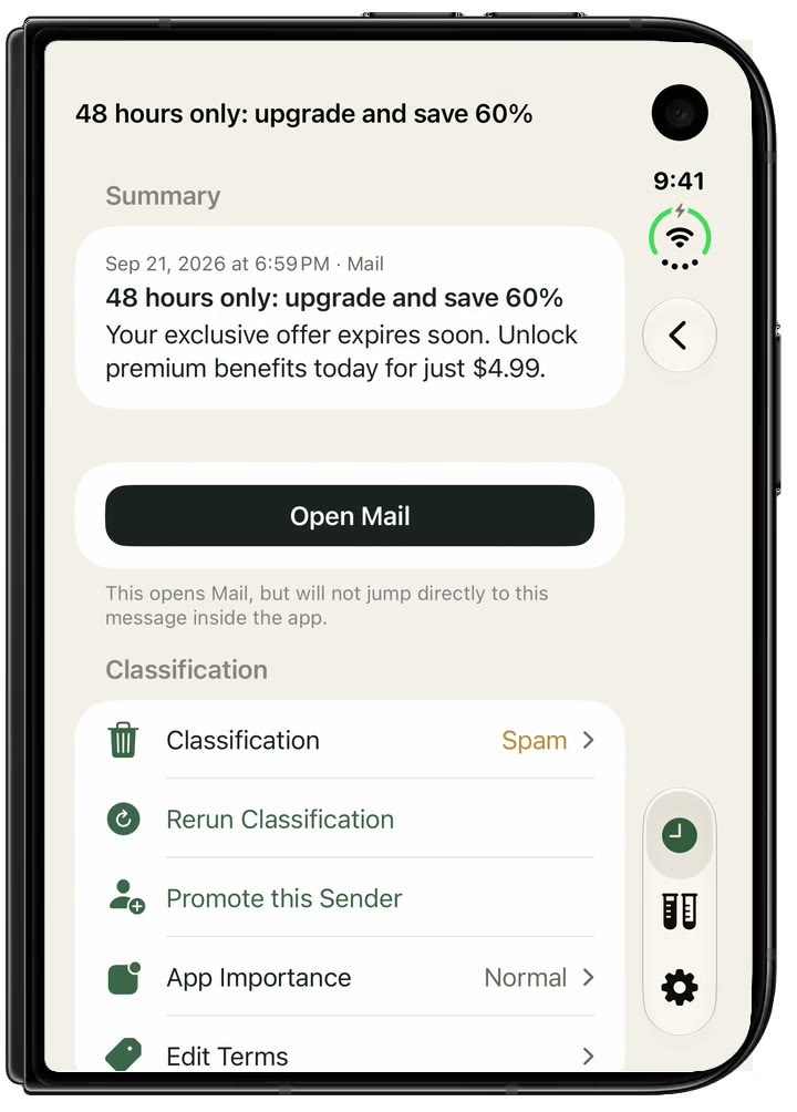 A promotion classified as spam, with Open Mail and reclassify options.