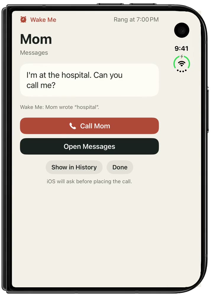 A Wake Me alert: Mom wrote that she is at the hospital, with a Call Mom button.